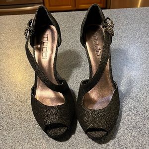 Moda open toed black evening pumps - worn once for 3 hrs. Excellent condition.